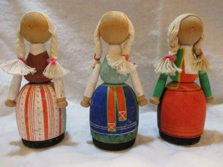 Set Of 3 Vintage Ooak Wood Dolls Hand Made Sweden Girl Figures Souvenirs 4.  25 "