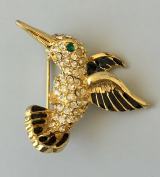 Vintage Hummingbird Pin Brooch In Enamel On Gold Tone Metal With Crystals