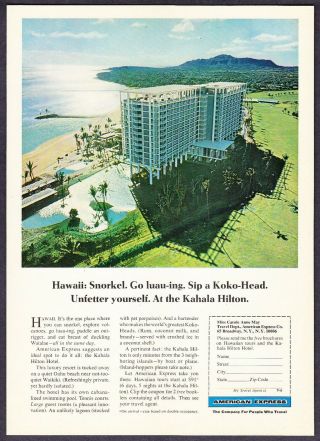 1966 Hawaii Kahala Hilton Hotel On Oahu Beach Photo Amex Vintage Print Ad