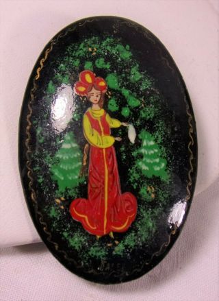 Vintage Hand Painted Folk Art Russian Miniature Painting Wood Pin/brooch Beauty