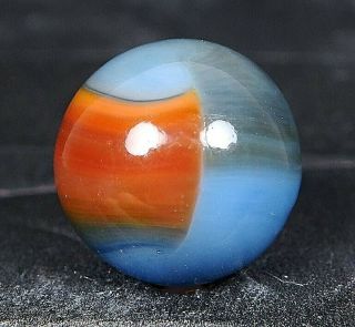 Vintage Marbles Akro Agate Blue And Orange Patch 33/64 (almost A Peewee)