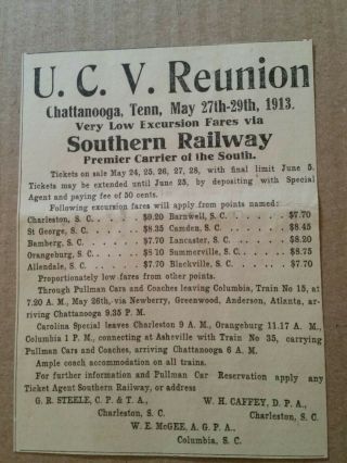 1913 Union Confederate Veterans Reunion Southern Railway Railroad Newspaper Ad