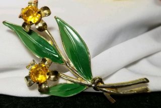 Vintage Sterling Craft By Coro Green Enamel Topaz Rhinestone Flower Brooch Pin