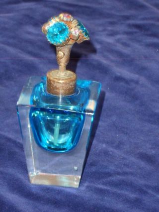 Vintage Blue Crystal Glass Perfume Bottle With Rhinestone Flower Pump Sprayer
