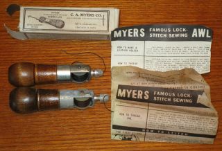 Two Vintage C A Myers Sewing Awls One Chicago,  Il