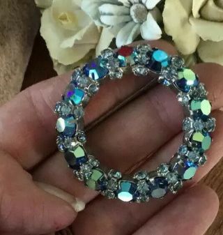 Vtg Estate Jewelry Rhinestone Brooch Signed Warner Peacock Sapphire Pin