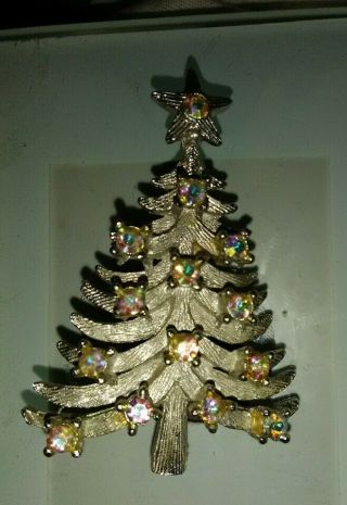 Vintage Signed Mylu Christmas Tree Brooch Ab Rhinestones
