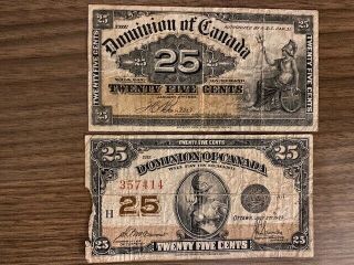 2 Vintage 25 Cent Dominion Of Canada " Fractional Currency ",  1900,  1923