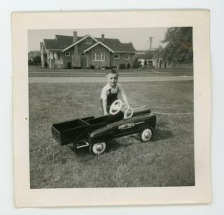 Little Boy In Large Toy Car Automobile Dump Truck Vintage B&w Snapshot Photo