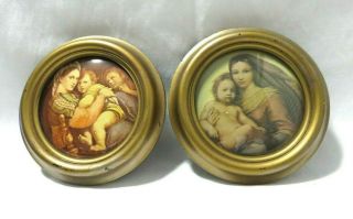 Small Pair Vintage Frammed Madonna & Child Round Print Picture With Convex Glass