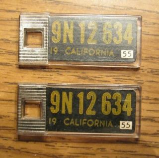 Pair 1955 California Dav License Plate Keychains - Ca 9n12634