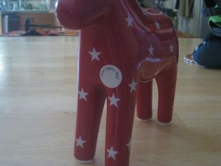 Carin Kry Swedish Dala Horse ceramic red w/ white stars padded feet 2