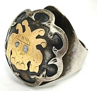 Vintage Peruvian 18k Gold Sterling Silver Aztec Inca God Ring Adjustable Size