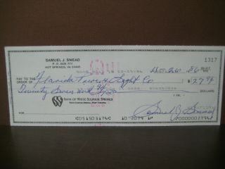 Sam Snead Golf Hall Of Fame - 1986 Hand Signed Personal Check 1317 Cancelled