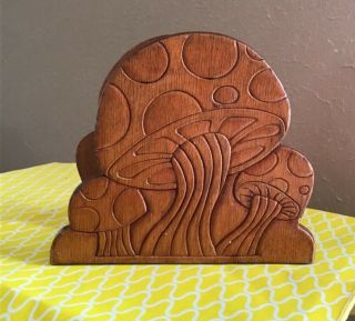Vintage Carved Wood Mushroom Napkin Letter Holder Rustic Wooden Folk 70 