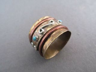 Vintage Hammered Tribal Worry Articulating Copper Spiral Brass Wide Band Ring