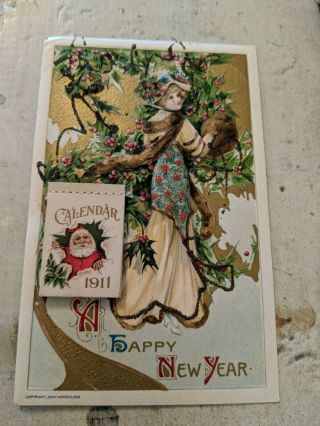 Vintage John Winsch 1910 Embossed Christmas Postcard W/attached 1911 Calendar