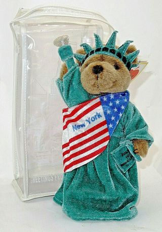 9 " Ny Teddy Bear Statue Of Liberty Souvenir 1997 J.  Fan With Tags & Case