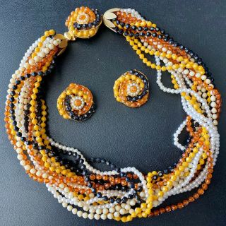 Vintage Multi Strand Black Amber Lucite Bead Necklace & Cluster Earrings Set 392