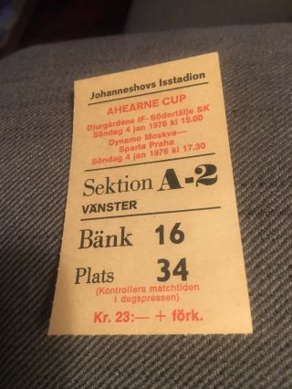 Hockey Ticket Dynamo Moscow Soviet V Sparta Prague 4/1 1976 Ahearne Cup Sweden