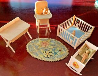 8pc Renewal Miniature Dollhouse Furniture Pink Nursery Set W/baby Dolls Vintage