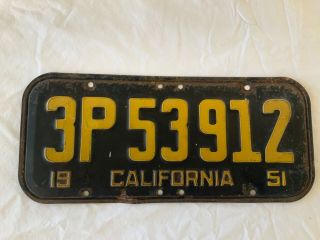 California 1951 License Plate 3p 53912