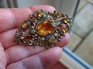Vintage Czech Art Deco Jewellery Amber Glass Gold Cocktail Brooch Pin