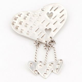 Vtg Sterling Silver - Mexico Taxco Heart Dangle Charm Brooch Pin - 15.  5g