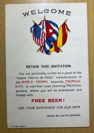 1940s Havana Cuba Bar Invitation Souvenir Card,  Illustration On Back