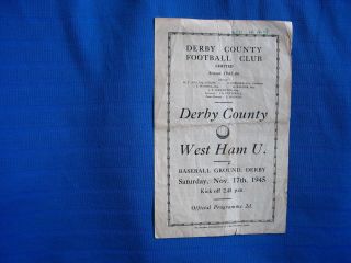 Derby County V West Ham United Vintage 1945 Football Programme