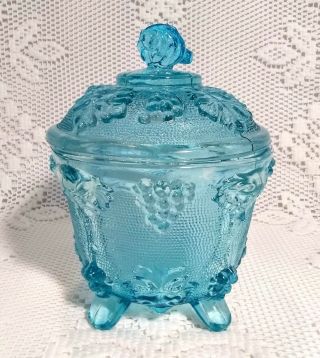 Vintage Jeannette Glass Aqua Blue Grapes Footed Depression Glass Candy Dish