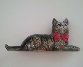Vintage Christmas Cat With Red Bow Figurine - Made In Japan