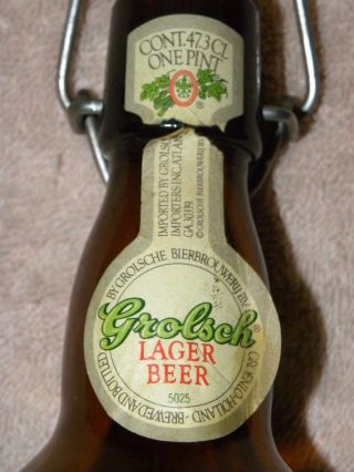 Vintage Early 80s Grolsch Amber Lager Beer Bottle W/ Ceramic Top,  Gasket,  Label