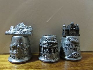 3 Vintage Heavy Pewter Sewing Thimbles Sd Mount Rushmore,  Badlands,  Corn Palace