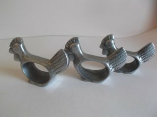 Vintage Pewter Napkin Ring Holders Rooster Chicken X 3
