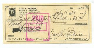 Carl Erskine Brooklyn Dodgers Signed 1984 Personal Check B&e Hologram
