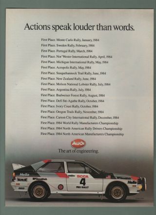 1985 - Vintage Print Ad - Audi : Pro Rally Car Actions Speak Louder Than Words
