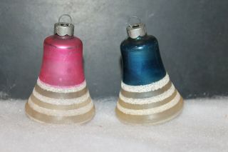 2 Vintage Shiny Brite Ornaments Pink & Blue Bells W Mica Stripes