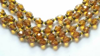 Czech Vintage Art Deco Long Yellow Faceted Glass Bead Necklace Metal Bead Caps