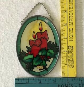 Vintage Christmas Suncatcher Candles Holiday Holly Decor Faux Stained Glass 3