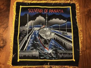 Panama Souvenir Black Felt Painted Pillow Cover Ship In Canal 17.  25 " Square Vtg