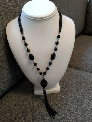 Vintage Deco Flapper Style Black Faceted Bead Tassel Pendant Necklace