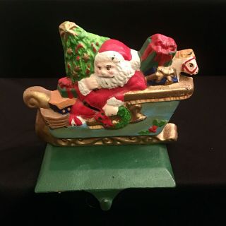 Vintage Santa In Sleigh Cast Iron Christmas Stocking Hanger Holder 4.  5 " X 4.  5 "