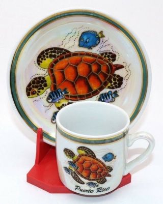 Charming Puerto Rico Sea Turtle Porcelain Tea Cup And Saucer Set With Stand