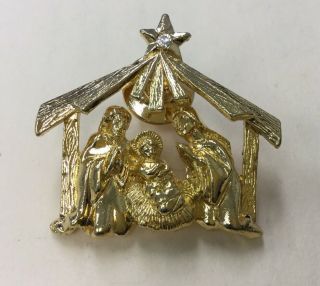 Vintage Christmas Holiday Gold Tone Rhinestone Manger Pin Xxx1