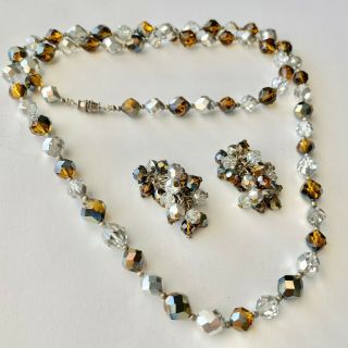 Vintage Amber Brown Black Gray Glass Crystal Necklace & Cluster Earrings Set 865