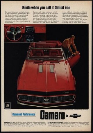 1967 Chevrolet Camaro Ss 350 Convertible Rally Sport Car Detroit Iron Vintage Ad