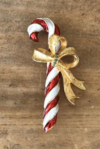 Vintage Signed Mylu Rhinestone Enamel Christmas Candy Cane Brooch 2.  5” Holiday