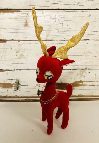 Vintage Karam Red Velveteen Christmas Deer Reindeer And Santa Claus