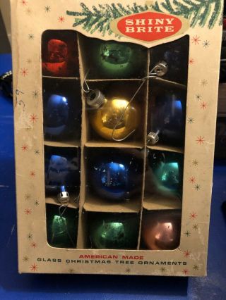 Vintage 12 Shiny Brite Glass Christmas Ornaments Box Multi Color